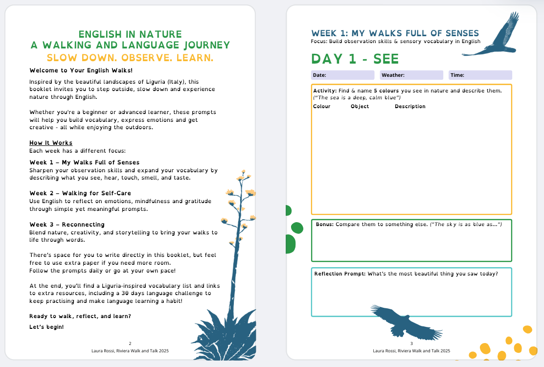 Cover image for the language practice booklet 'English in Nature' created by Laura for her project Riviera Walk And Talk